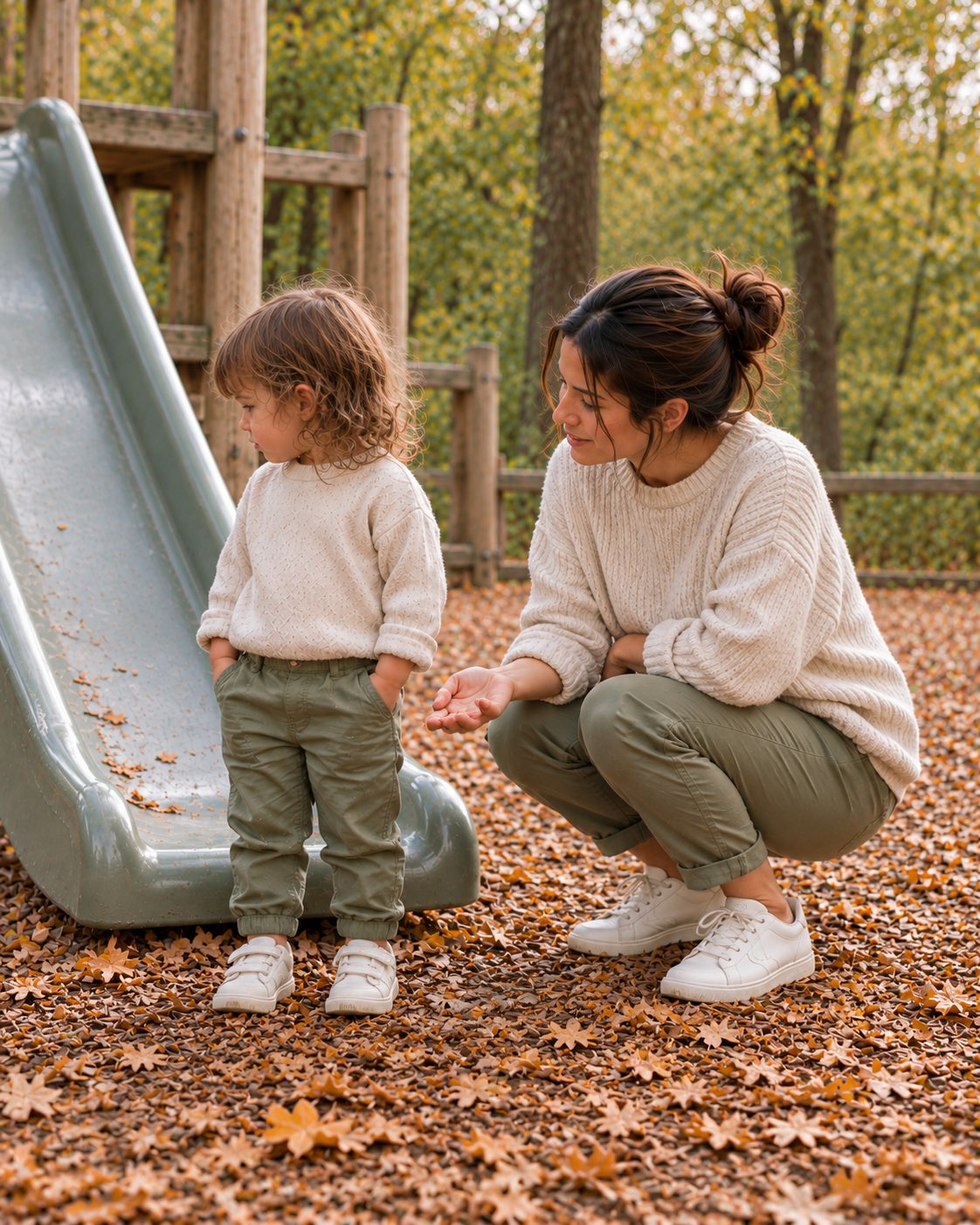 At the foot of the slide, the parent crouches beside the toddler with one hand open and low; the toddler stands with hands in pockets, looking away.