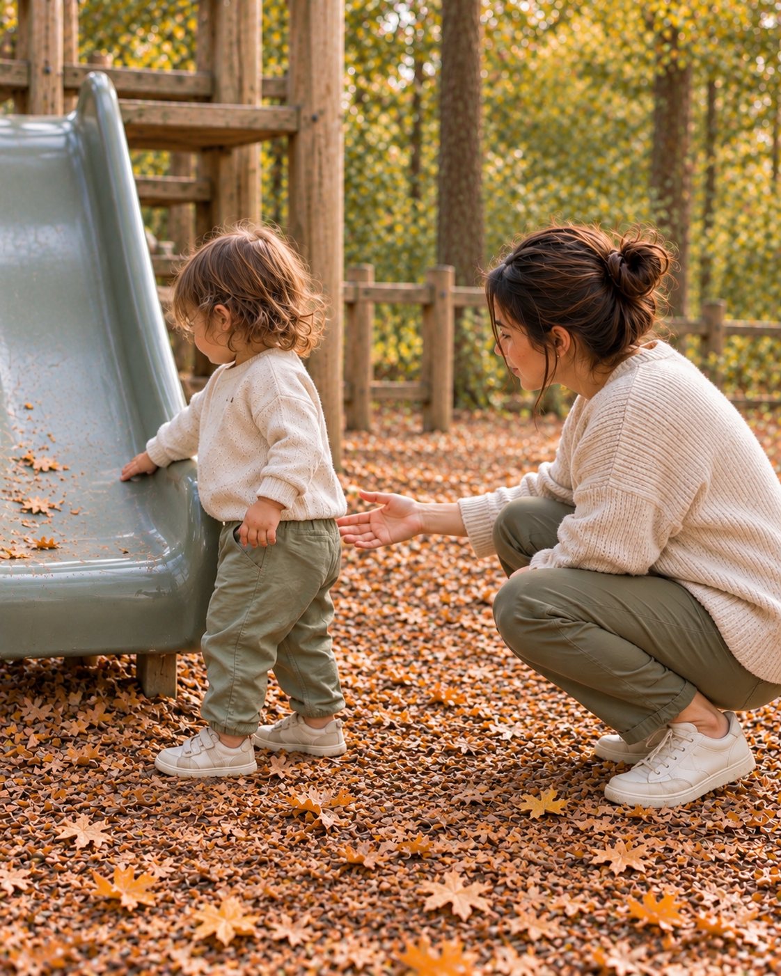 A toddler at the bottom of a slide, one hand on it, turned back toward it; an adult crouches behind with a hand held out low.